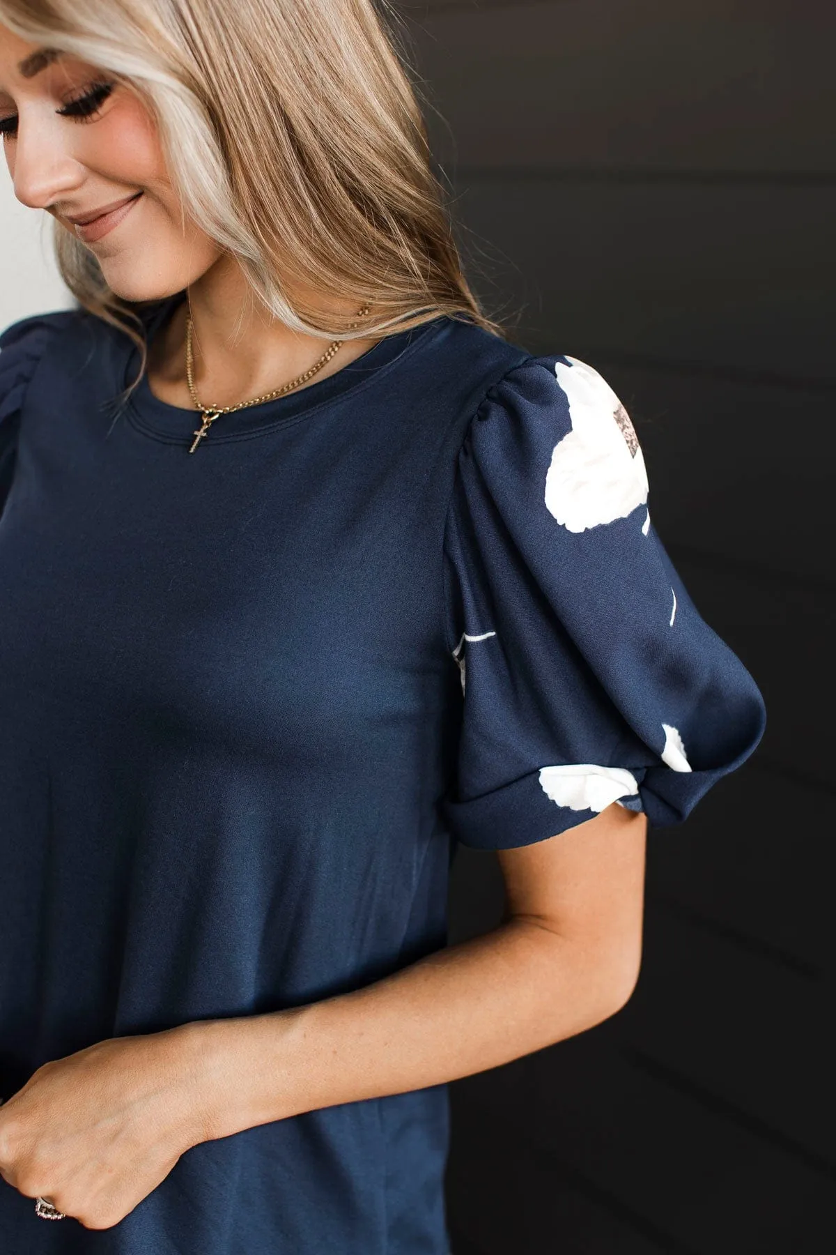 Great News Puff Sleeve Top- Dark Navy