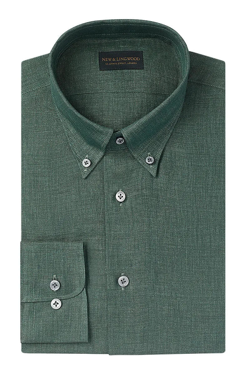 Green Button Down Collar Standard Fit Linen Shirt