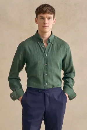 Green Button Down Collar Standard Fit Linen Shirt