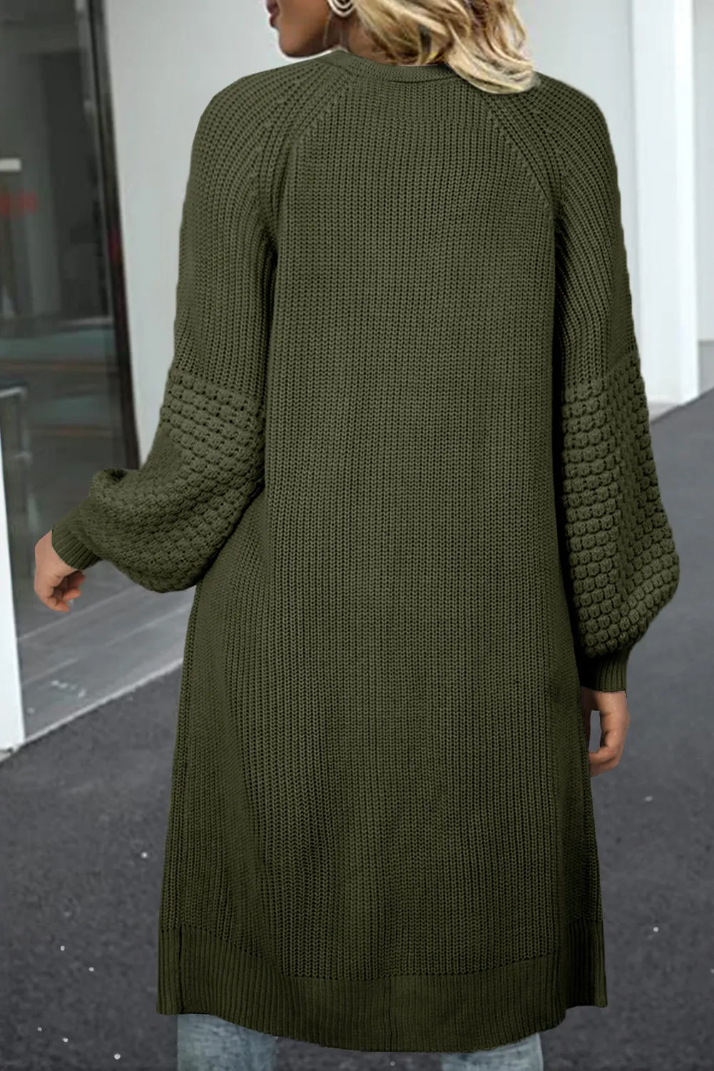 Green Contrast Knit Puff Sleeve Open Front Long Cardigan