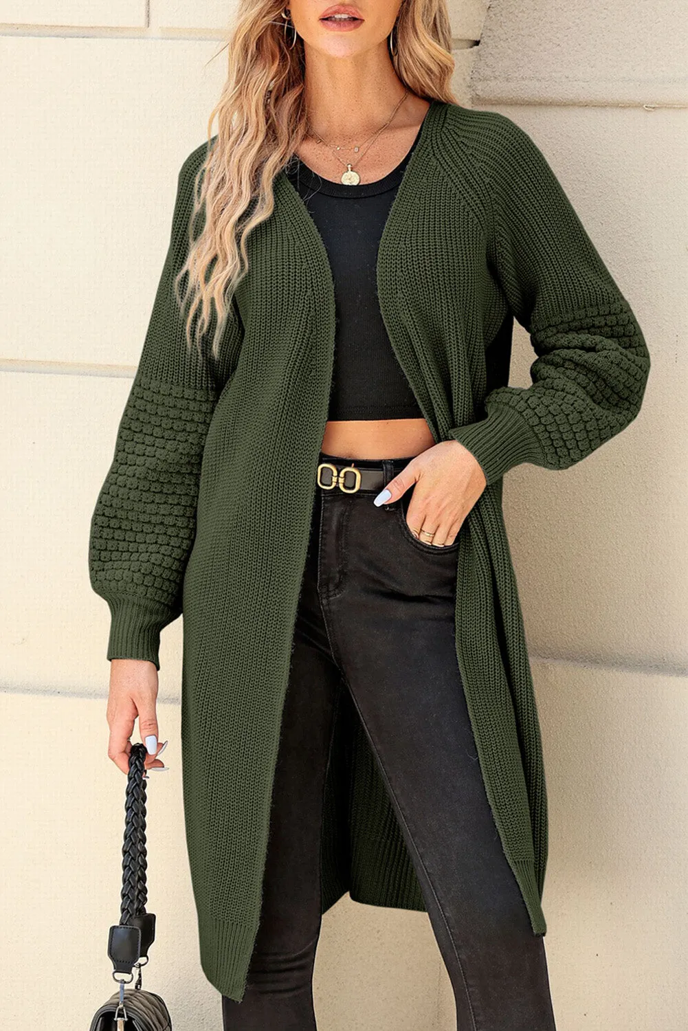 Green Contrast Knit Puff Sleeve Open Front Long Cardigan