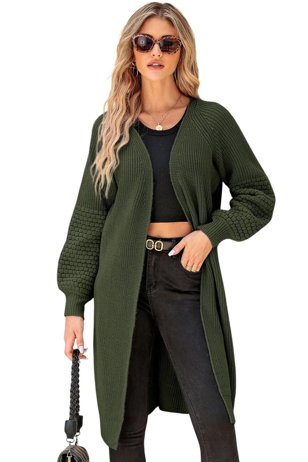 Green Contrast Knit Puff Sleeve Open Front Long Cardigan