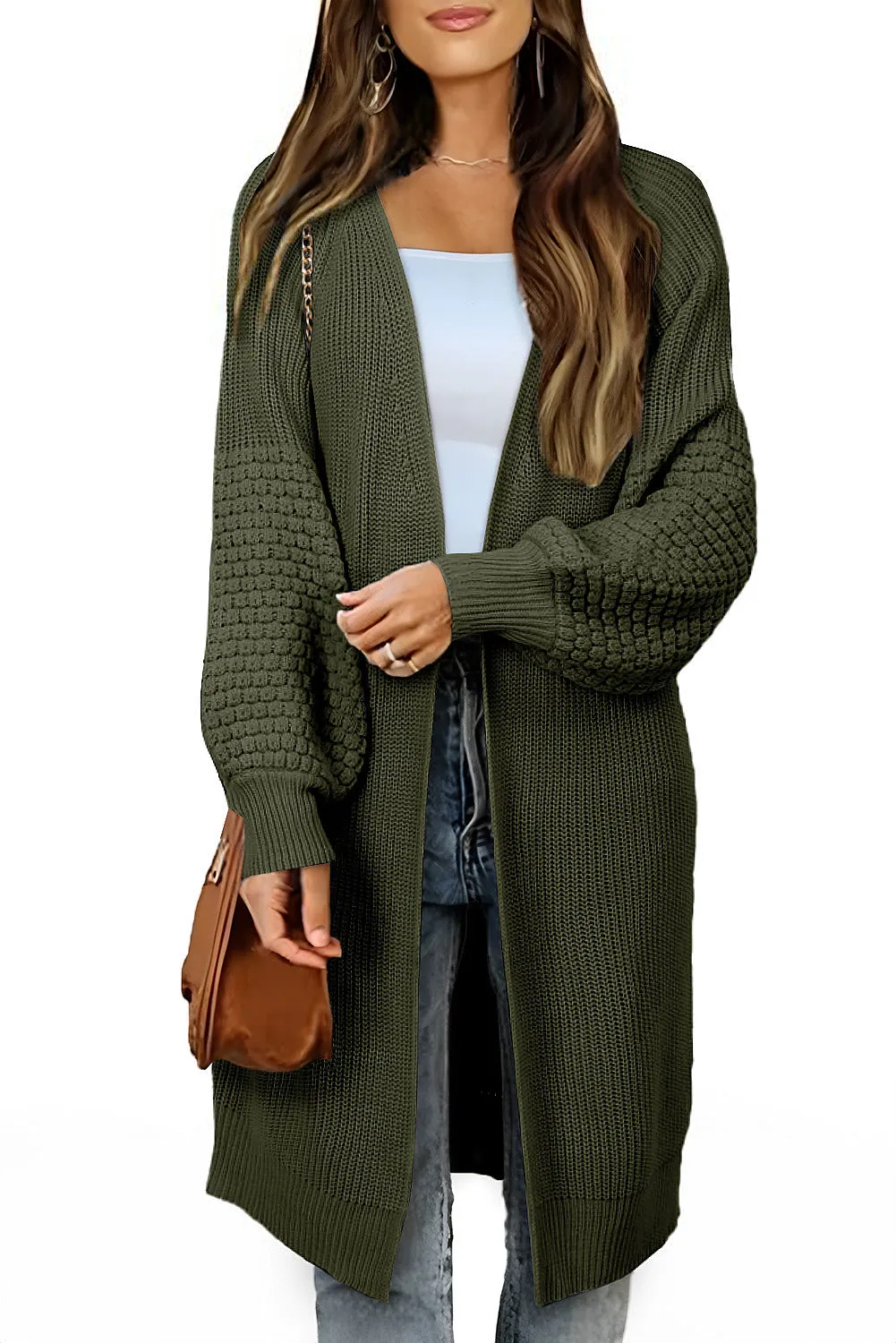 Green Contrast Knit Puff Sleeve Open Front Long Cardigan