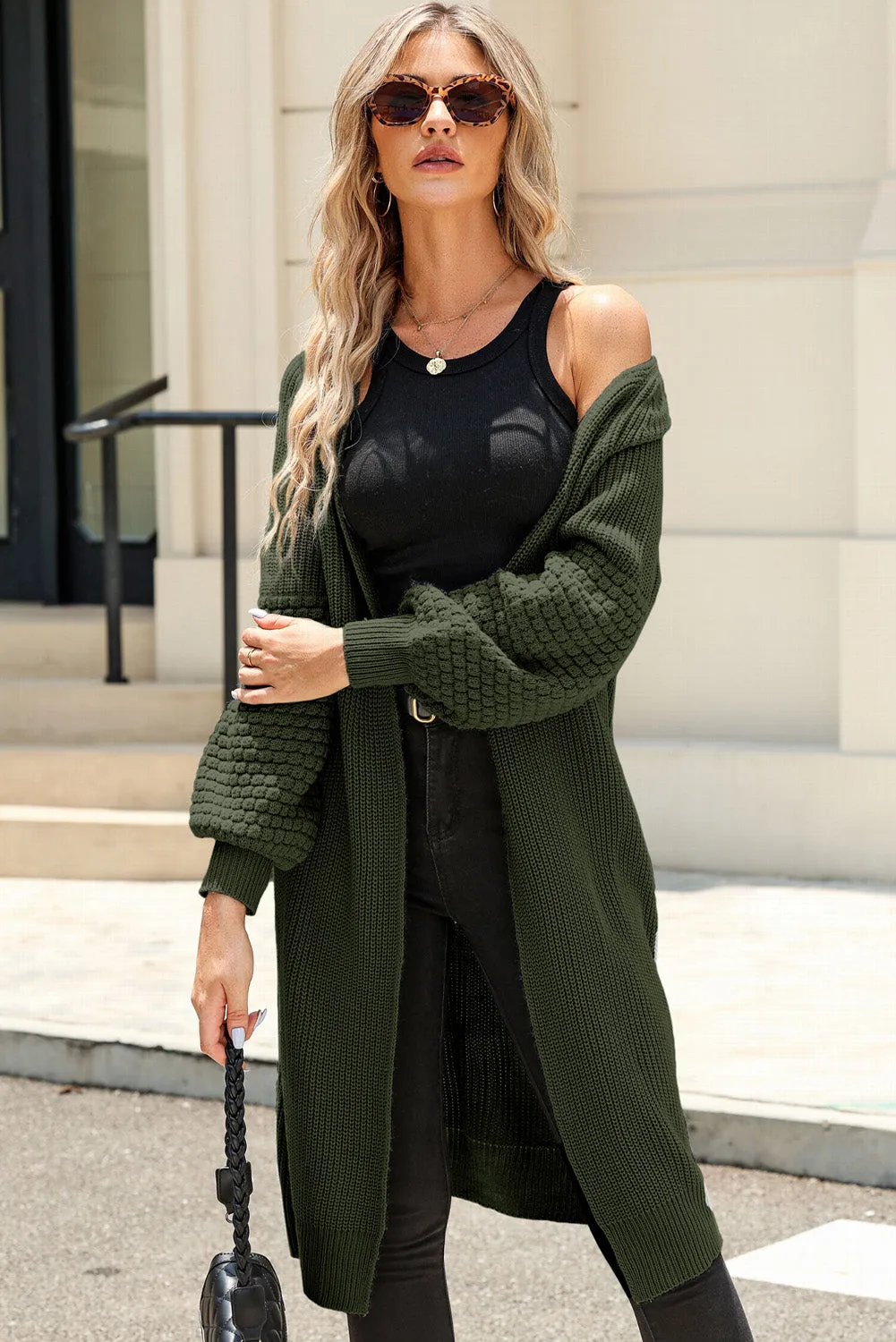 Green Contrast Knit Puff Sleeve Open Front Long Cardigan