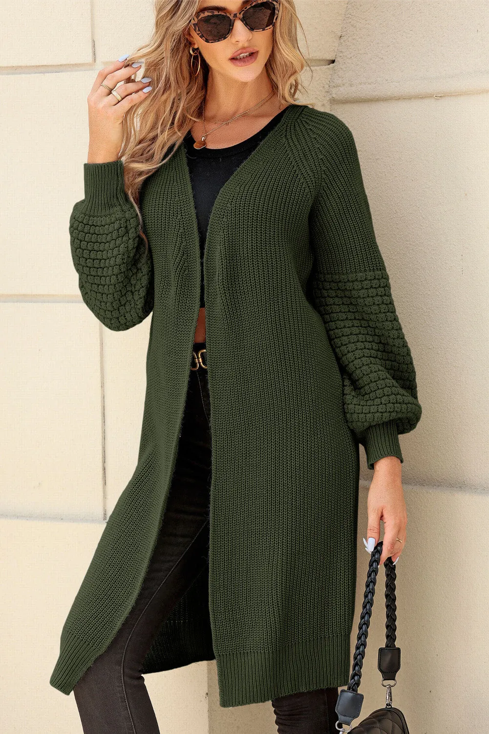 Green Contrast Knit Puff Sleeve Open Front Long Cardigan