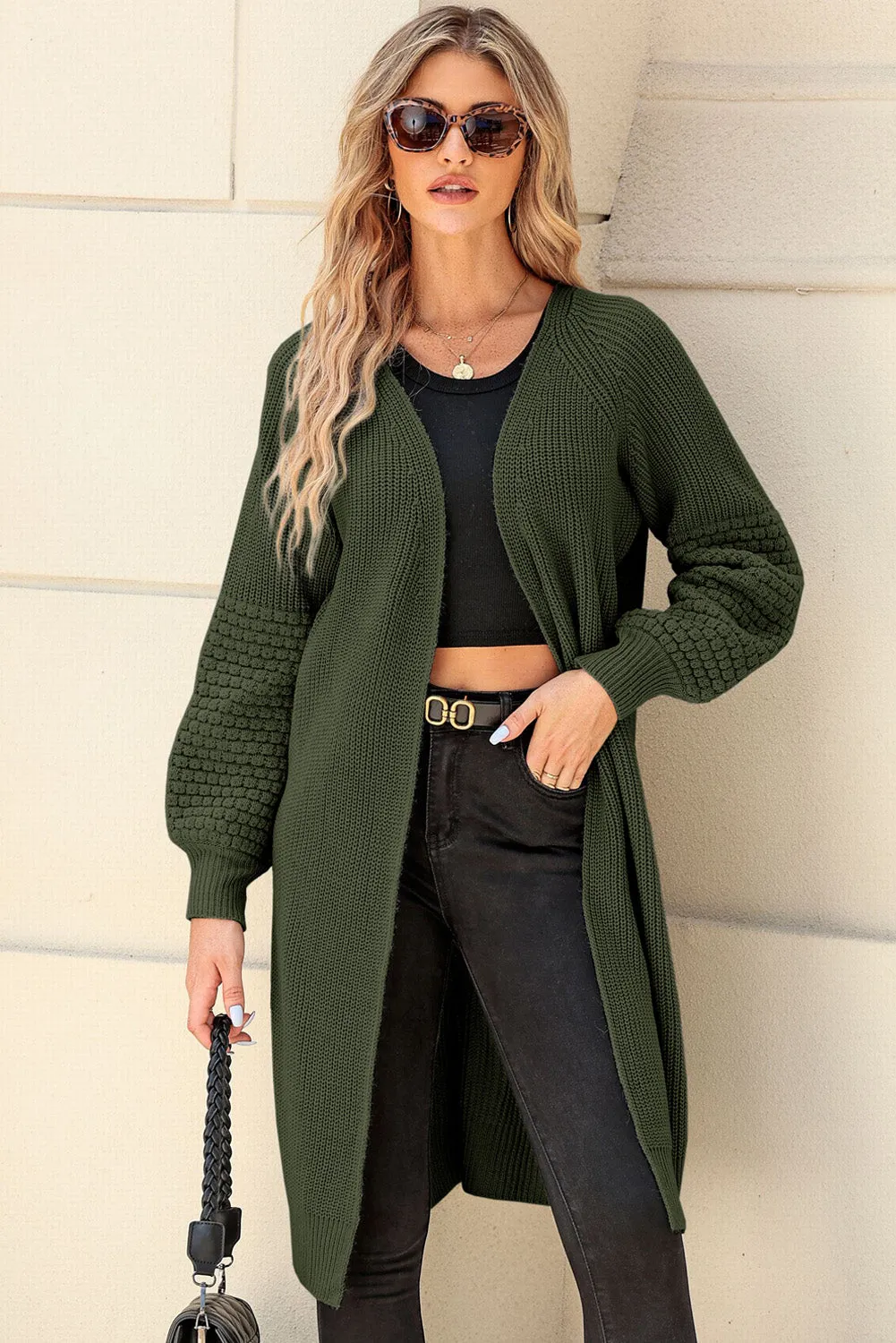 Green Contrast Knit Puff Sleeve Open Front Long Cardigan