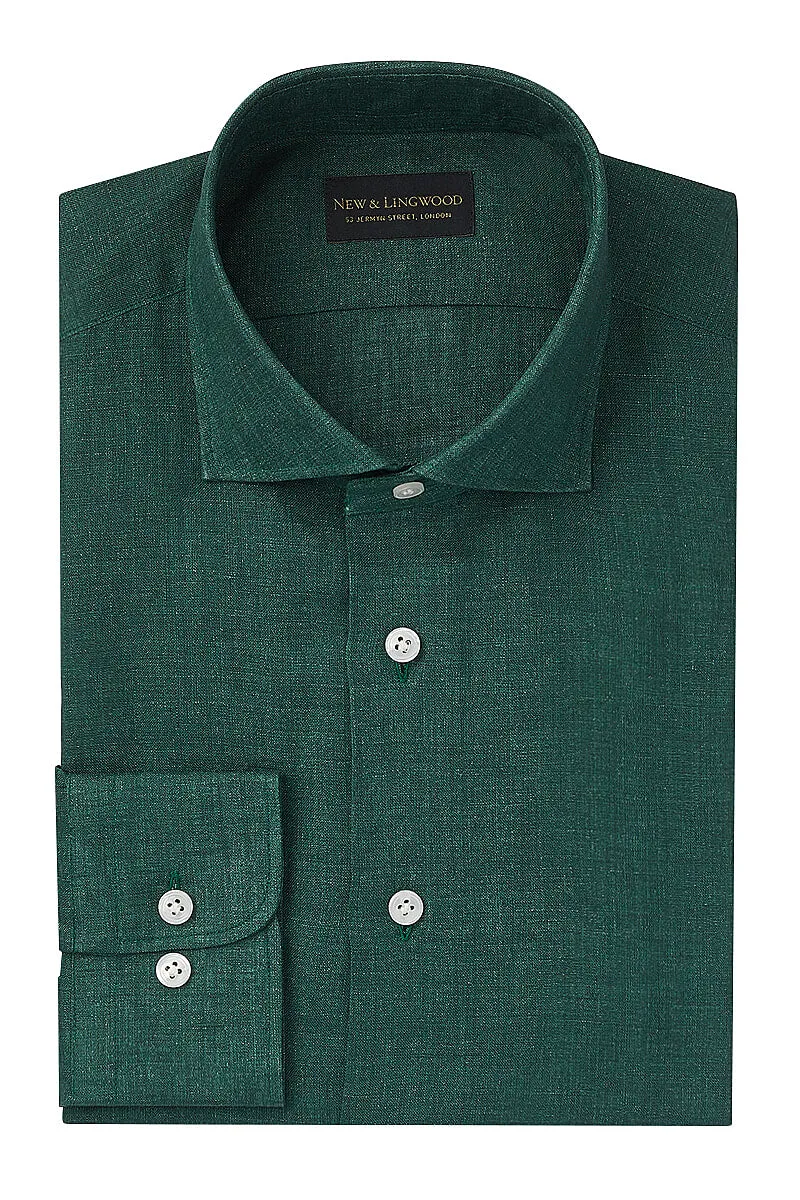 Green Cutaway Collar Standard Fit Linen Shirt