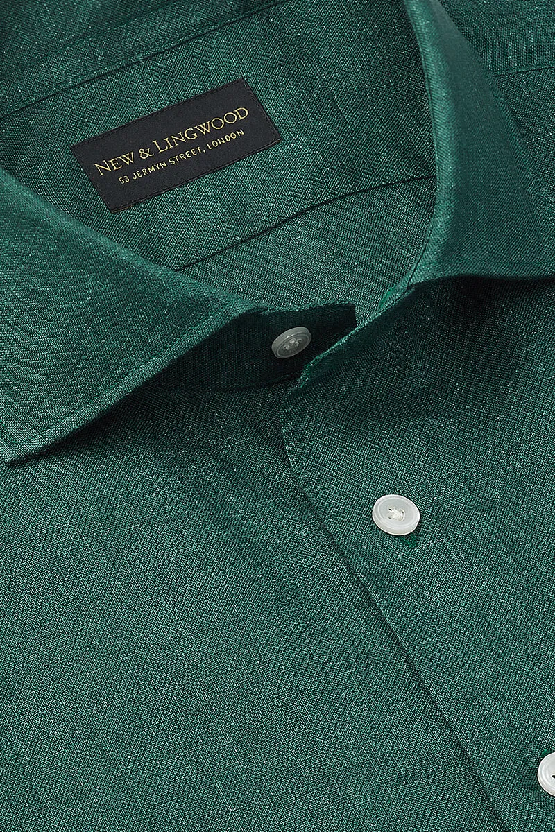 Green Cutaway Collar Standard Fit Linen Shirt