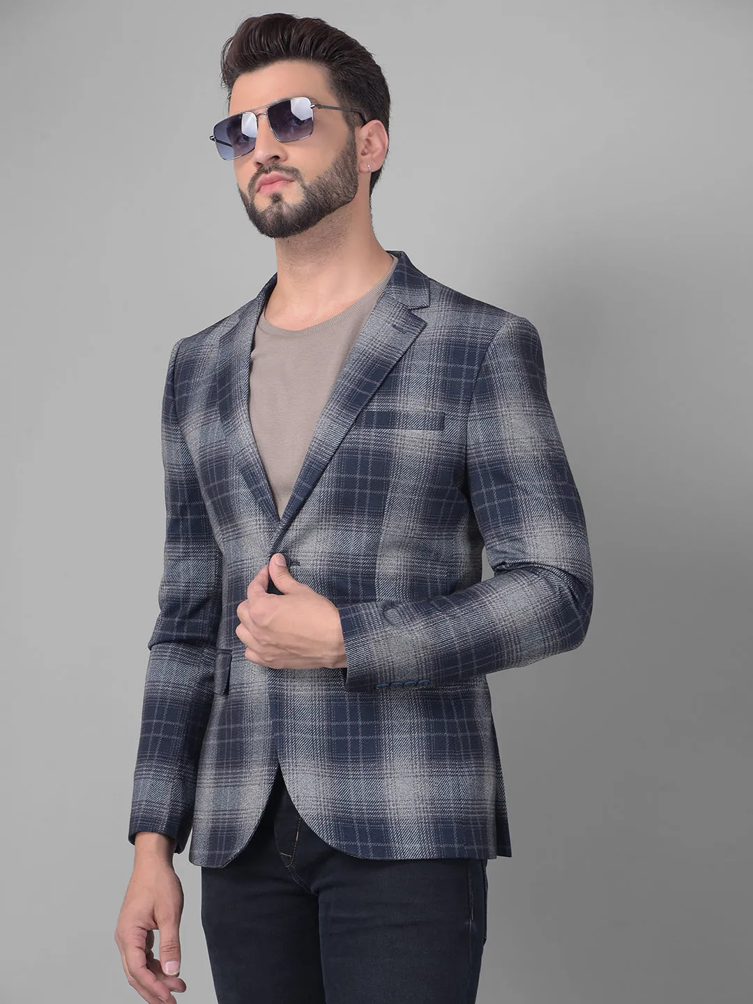 Grey Checked Single Breasted Blazer