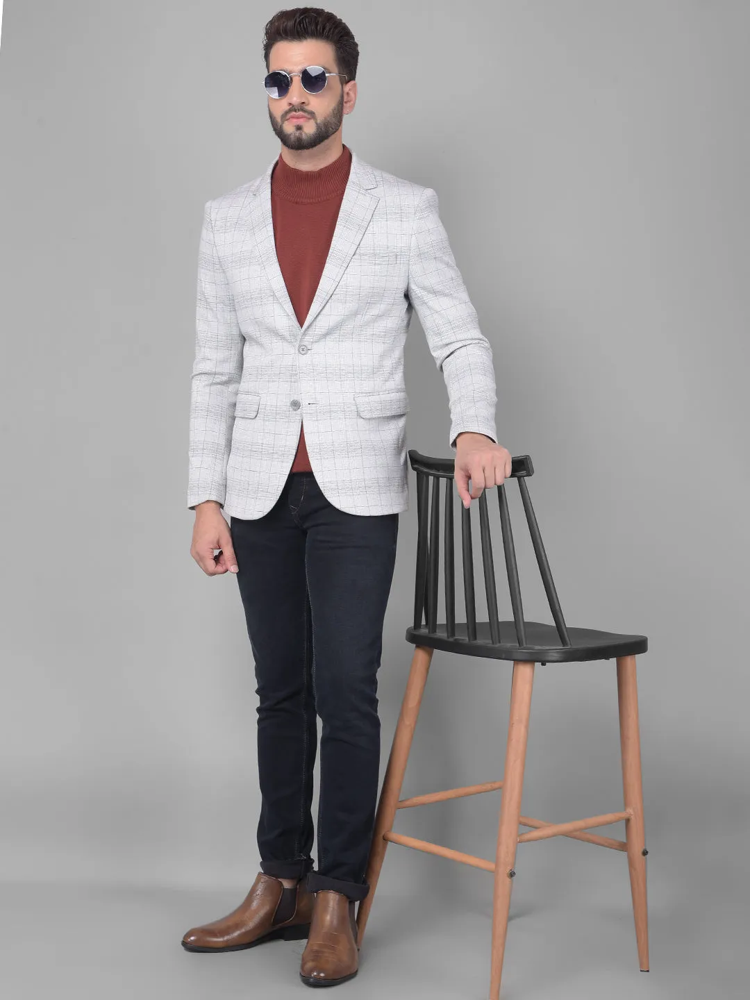 Grey Checked Single Breasted Blazer