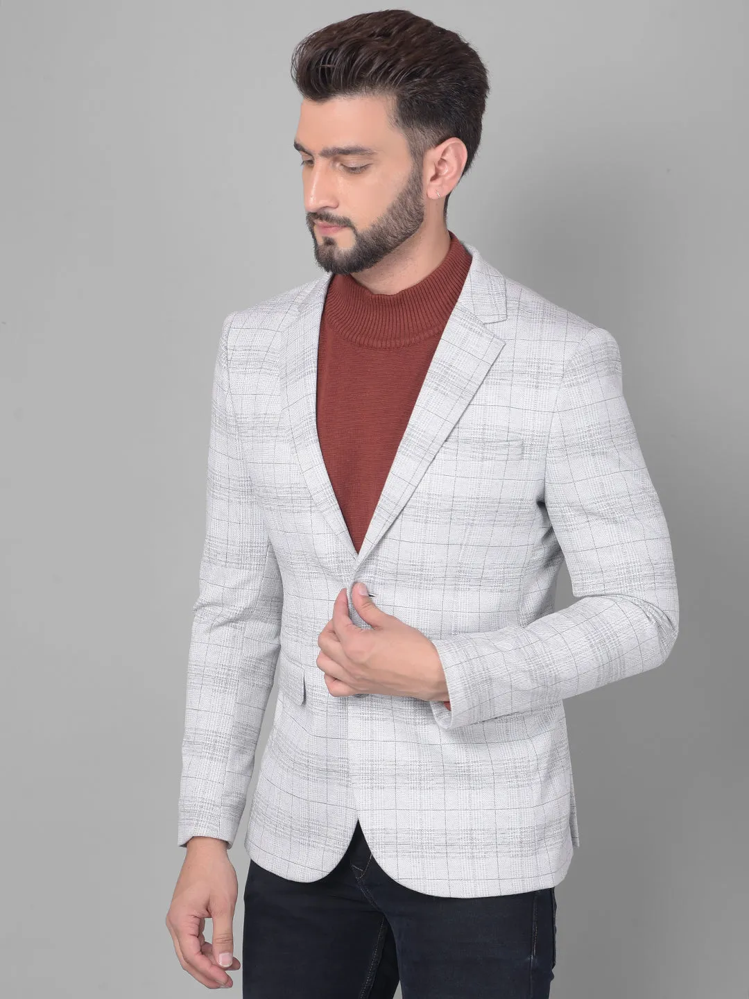 Grey Checked Single Breasted Blazer