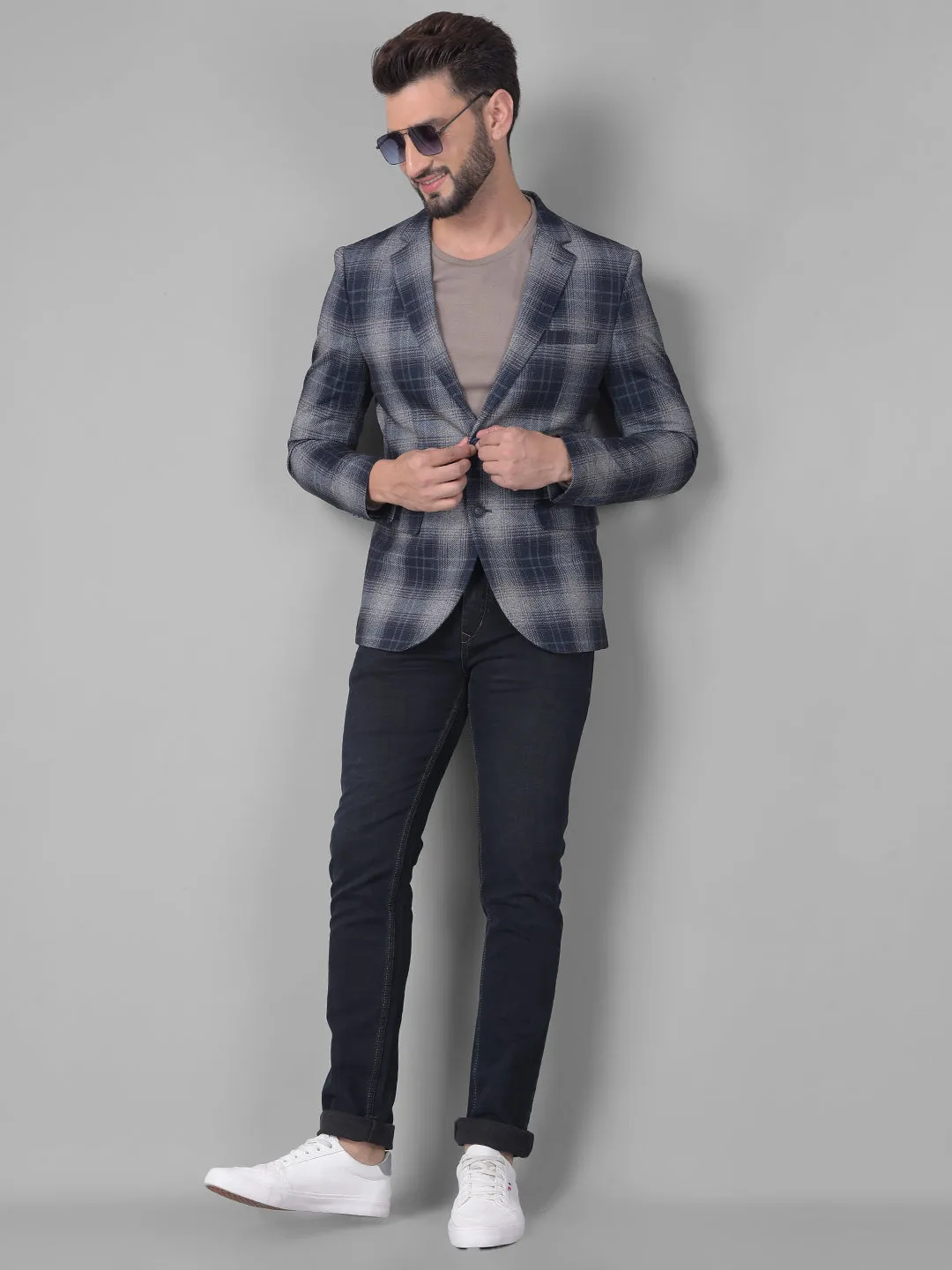 Grey Checked Single Breasted Blazer