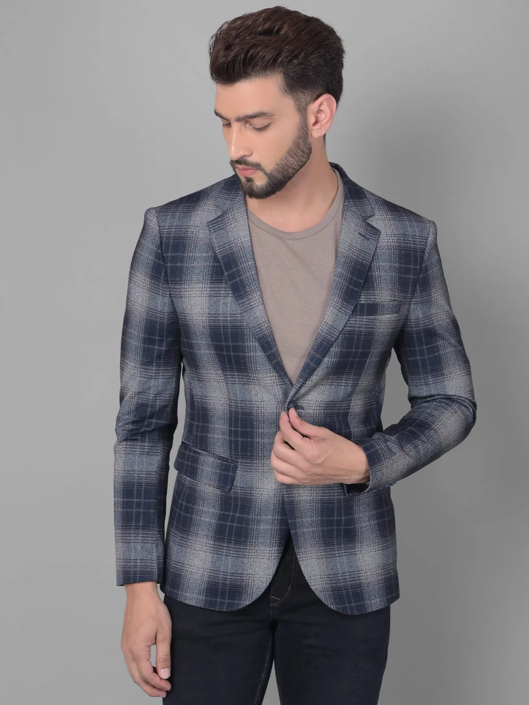 Grey Checked Single Breasted Blazer