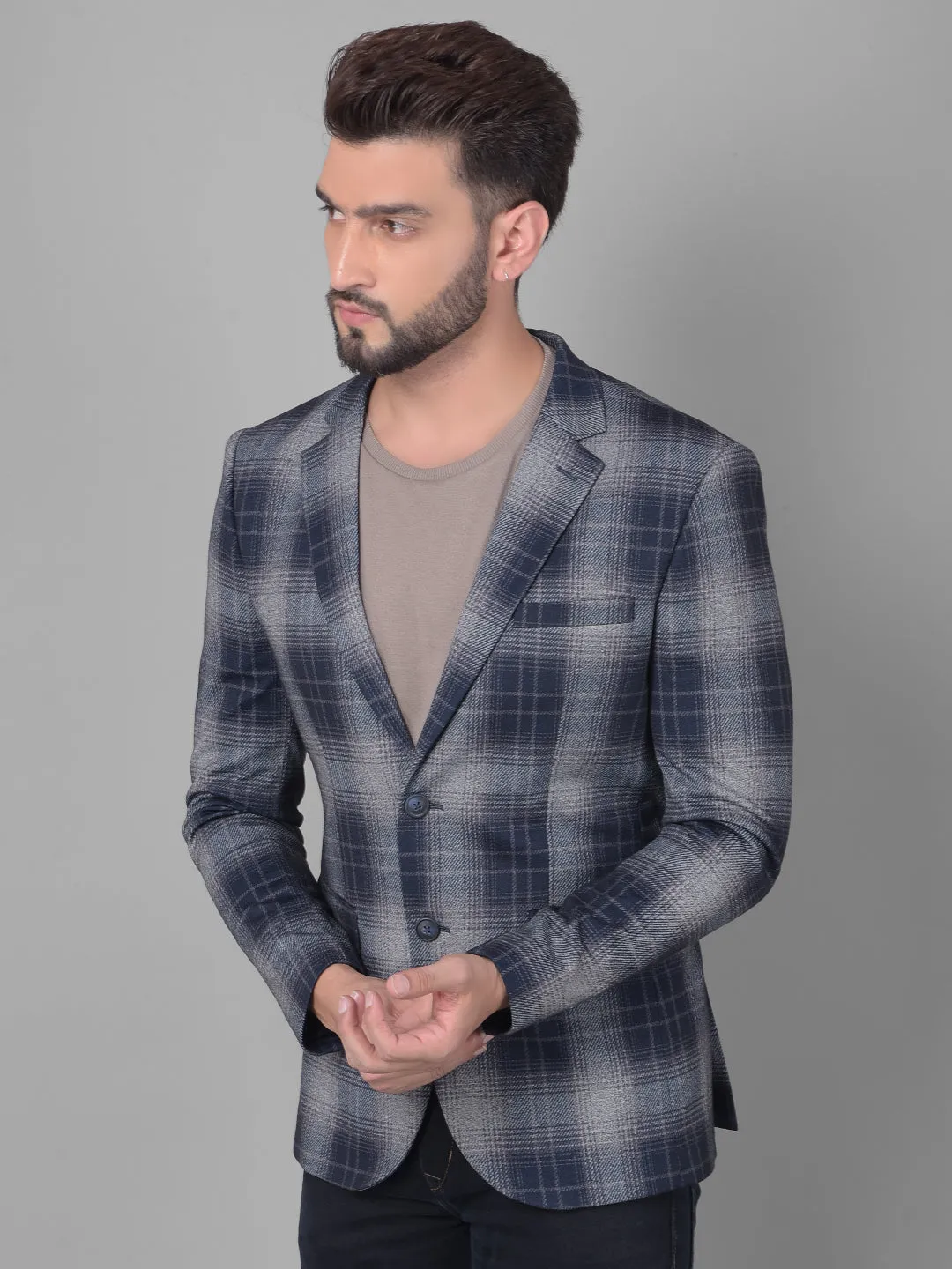 Grey Checked Single Breasted Blazer