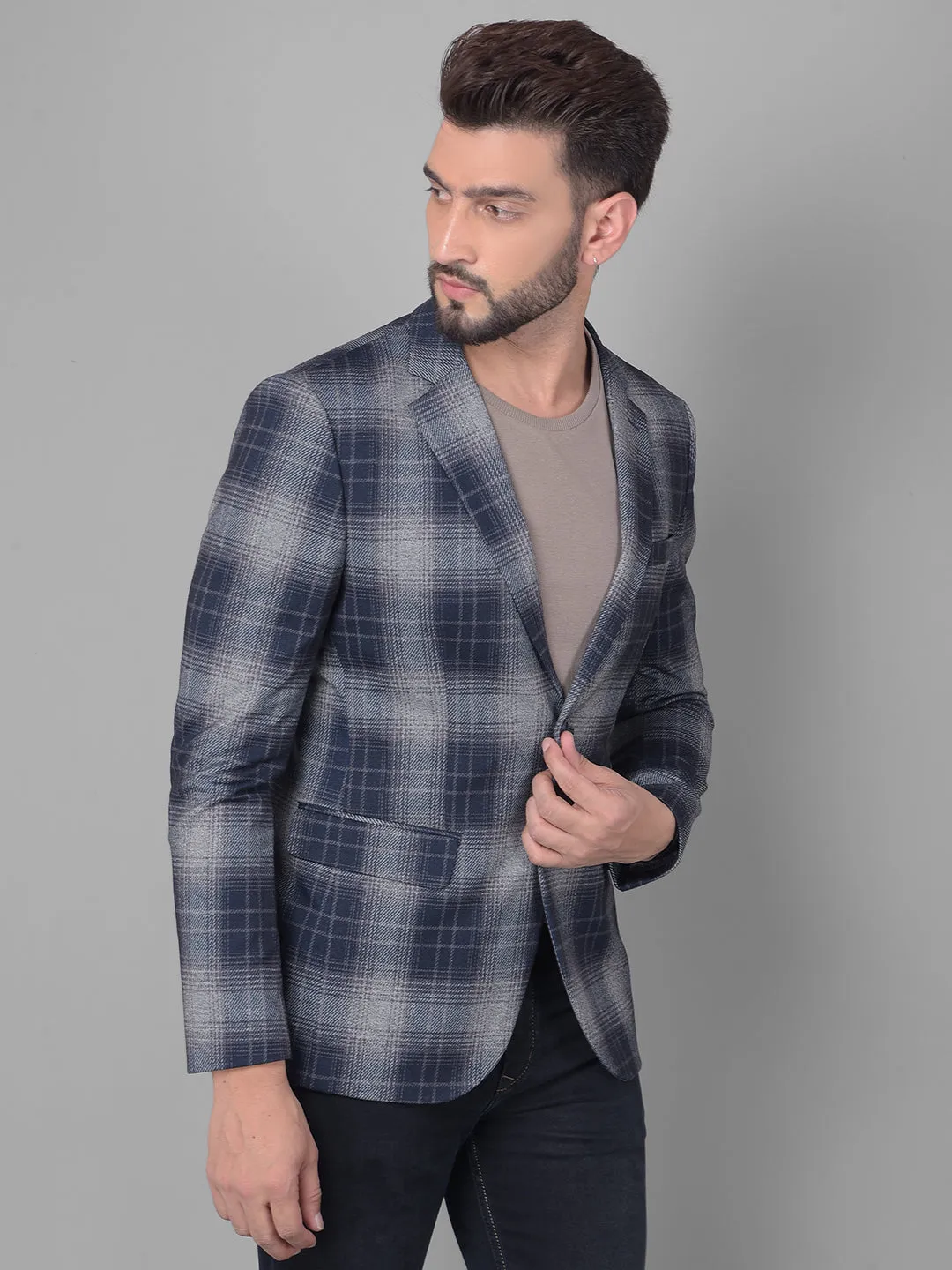 Grey Checked Single Breasted Blazer