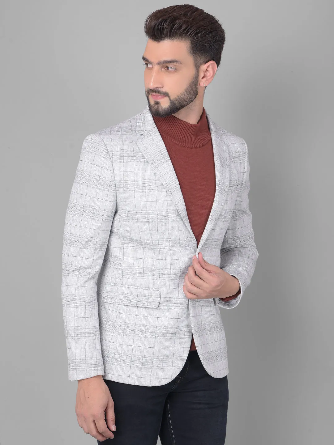 Grey Checked Single Breasted Blazer