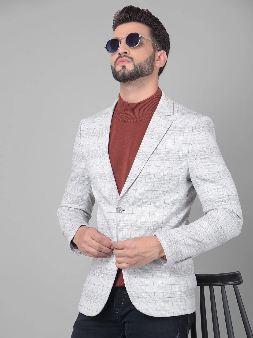 Grey Checked Single Breasted Blazer