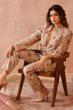 GREY GULBAGH PRINT BLAZER WITH BUSTIER AND PANT