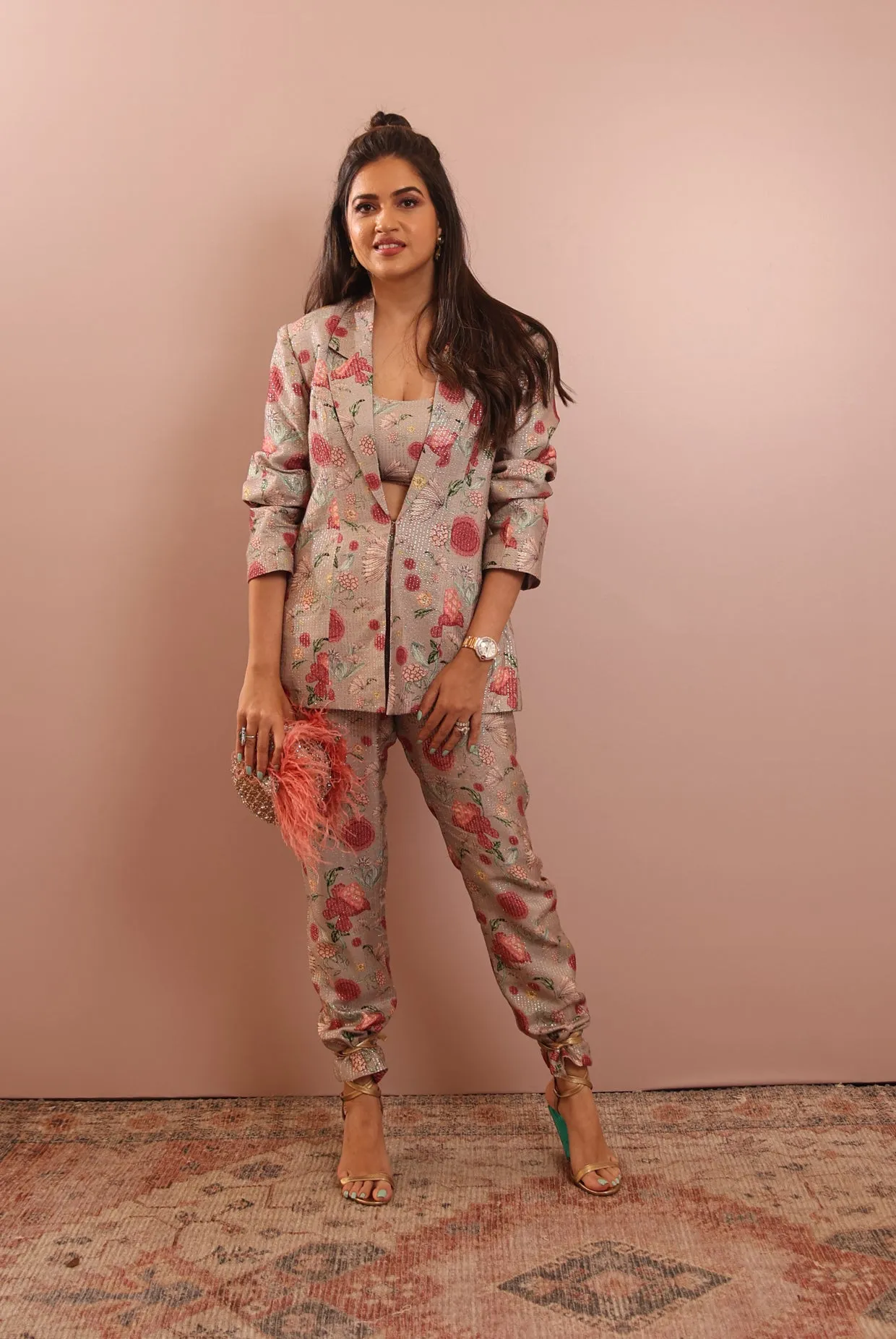 GREY GULBAGH PRINT BLAZER WITH BUSTIER AND PANT