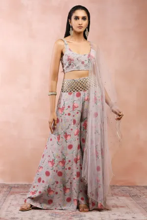 GREY GULBAGH PRINT EMBROIDERED CHOLI WITH SHARARA AND DUPATTA