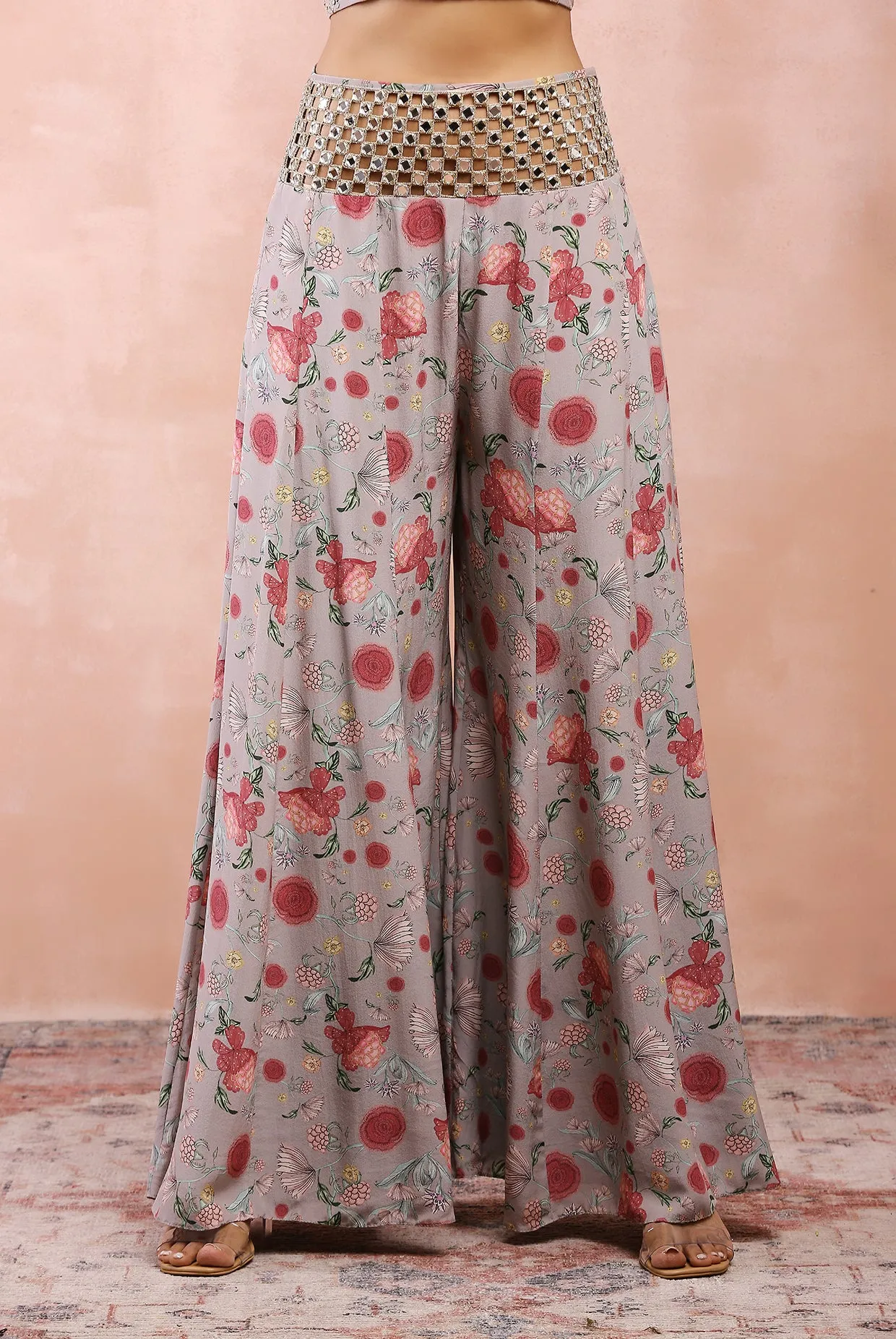GREY GULBAGH PRINT EMBROIDERED CHOLI WITH SHARARA AND DUPATTA