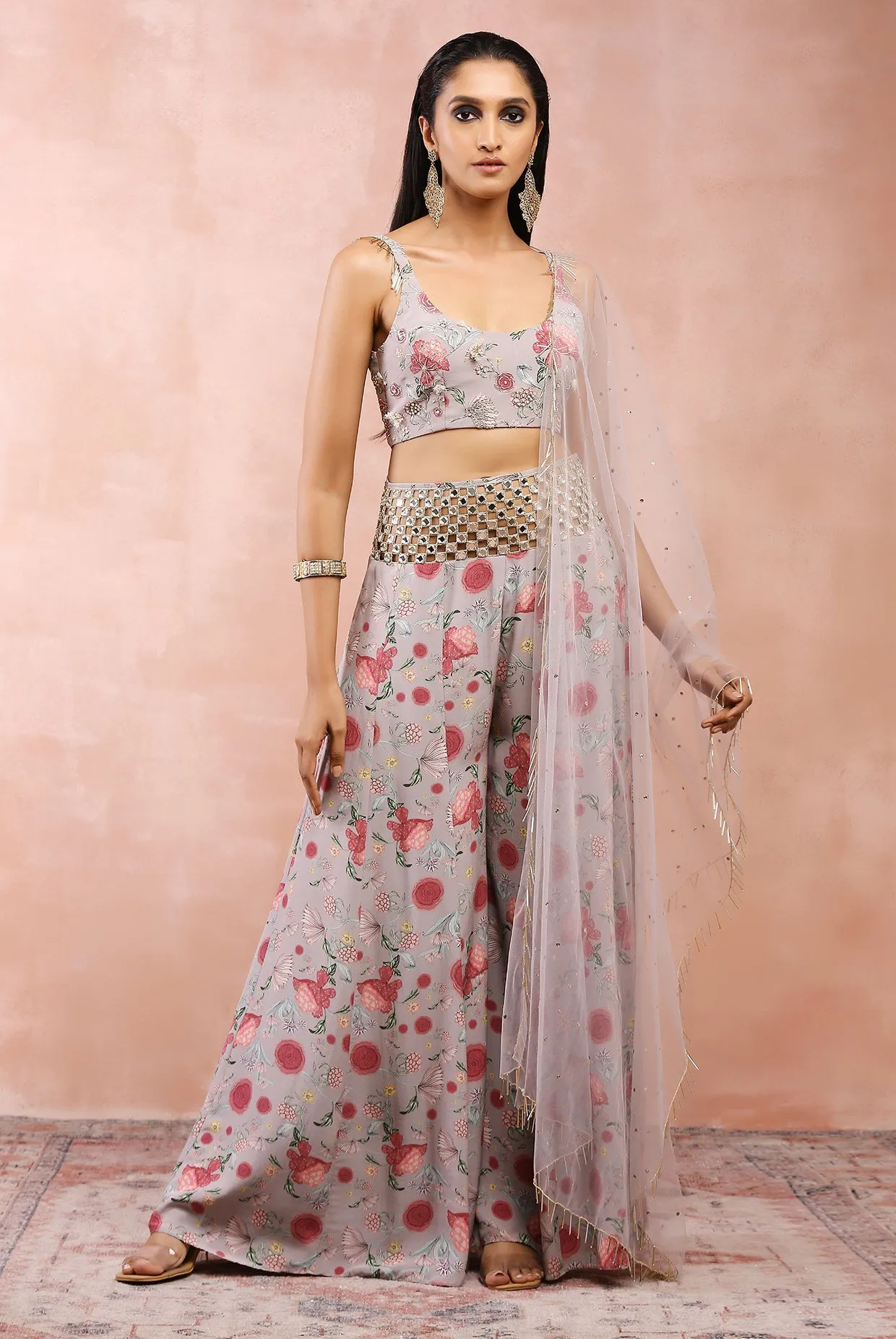 GREY GULBAGH PRINT EMBROIDERED CHOLI WITH SHARARA AND DUPATTA