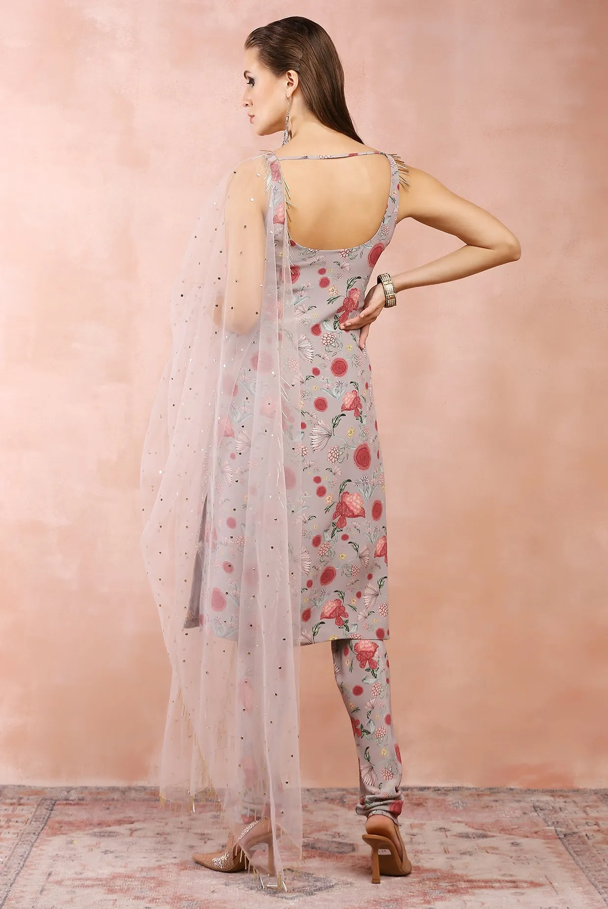 GREY GULBAGH PRINT EMBROIDERED KURTA AND CHURIDAR WITH DUPATTA