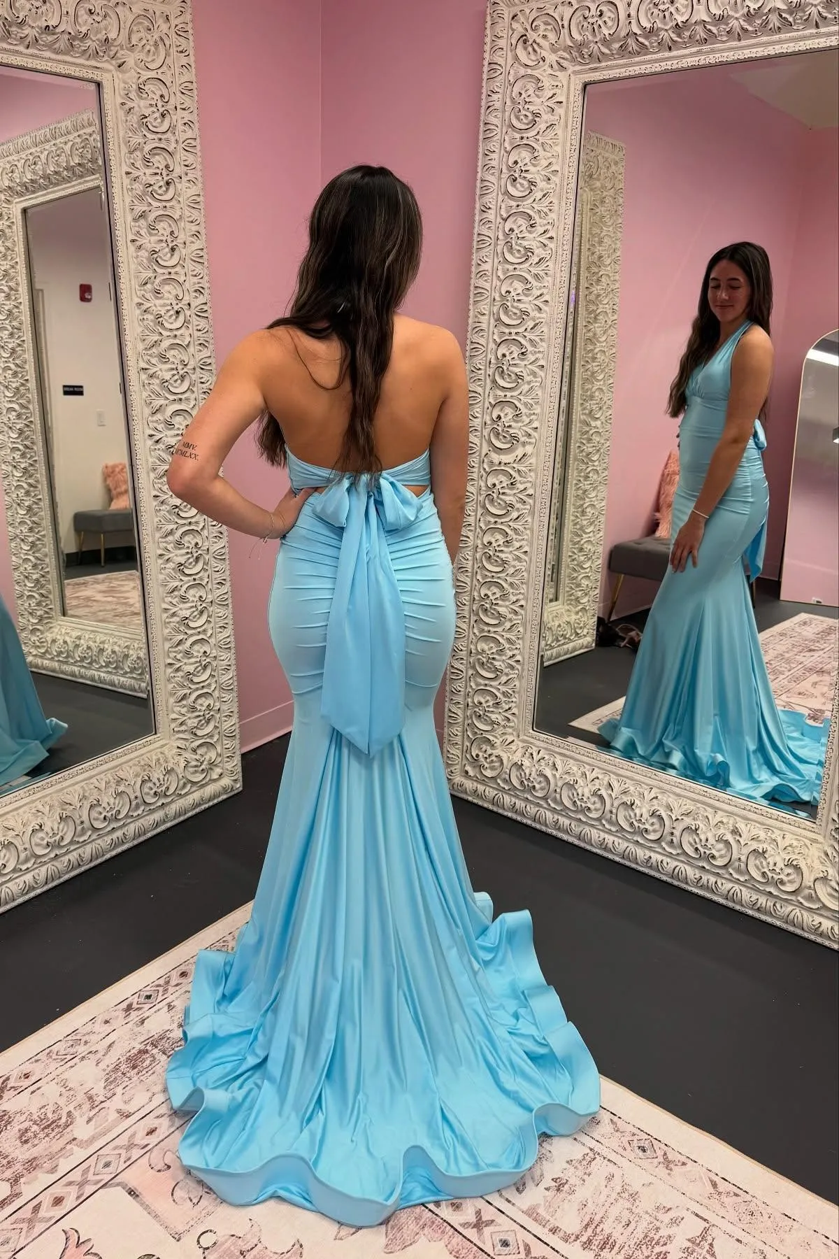 Halter Pink Fitted Long Formal Dress