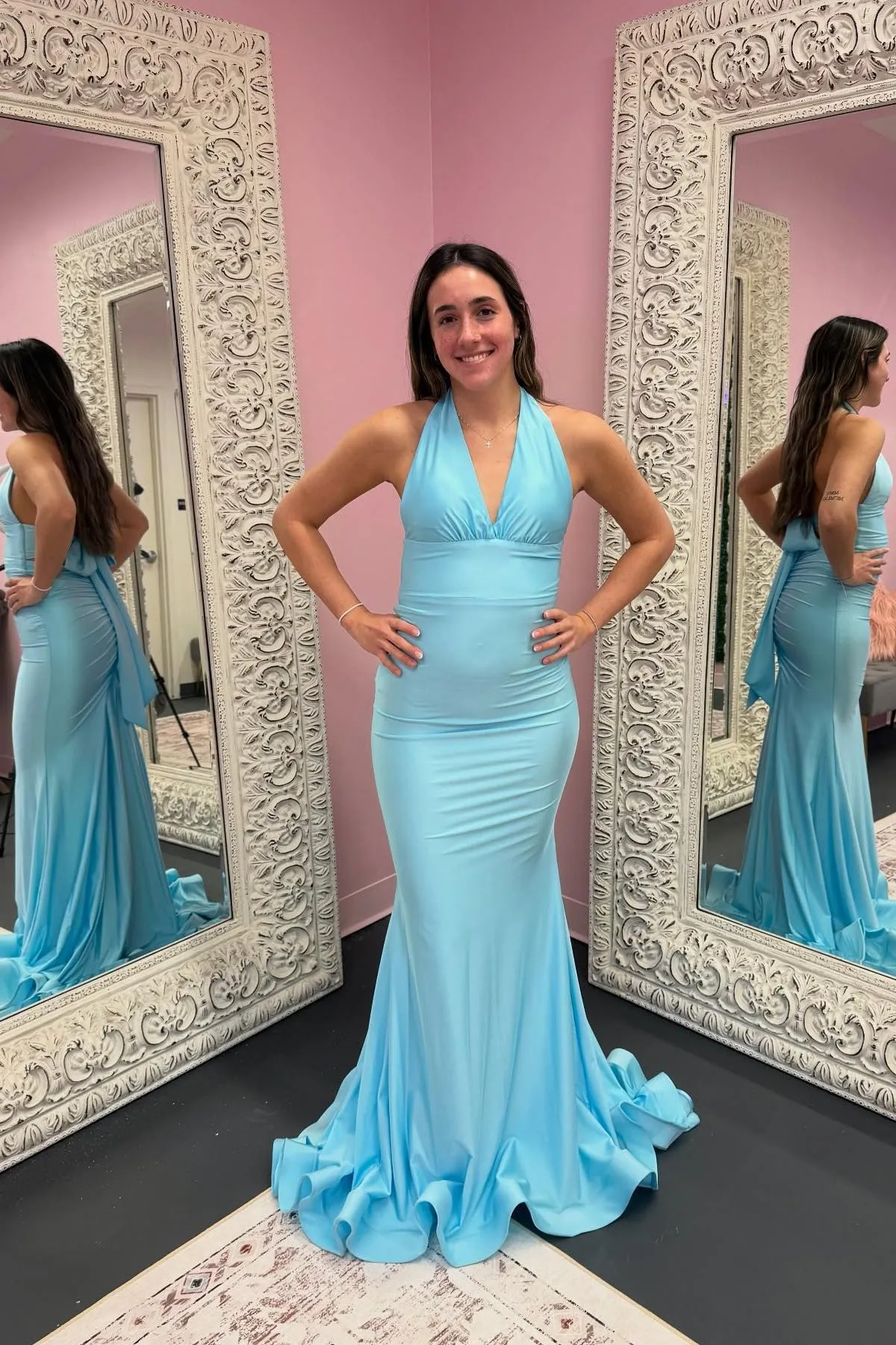 Halter Pink Fitted Long Formal Dress