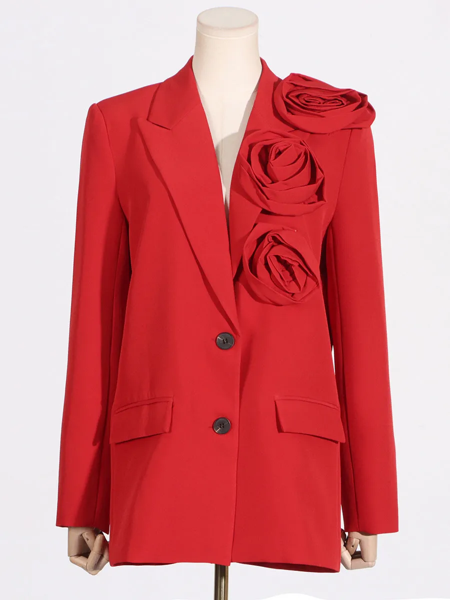 HIGH CLASS ROSETTE TRIM LAPEL LONG SLEEVE SINGLE BREASTED OVERSIZED BLAZER