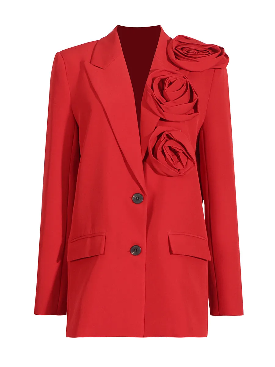 HIGH CLASS ROSETTE TRIM LAPEL LONG SLEEVE SINGLE BREASTED OVERSIZED BLAZER