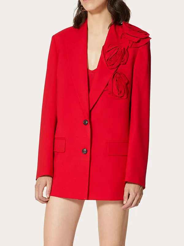 HIGH CLASS ROSETTE TRIM LAPEL LONG SLEEVE SINGLE BREASTED OVERSIZED BLAZER