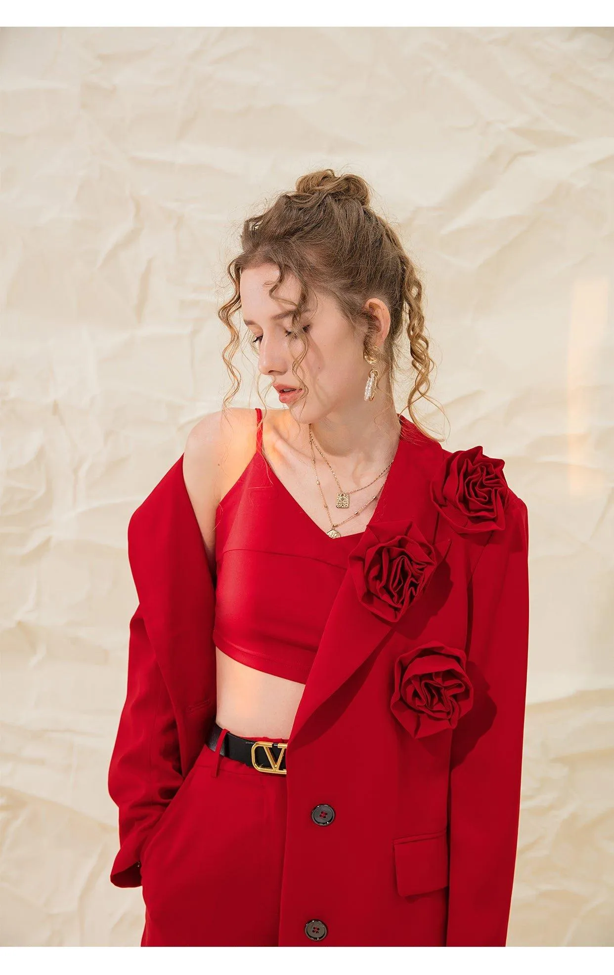 HIGH CLASS ROSETTE TRIM LAPEL LONG SLEEVE SINGLE BREASTED OVERSIZED BLAZER