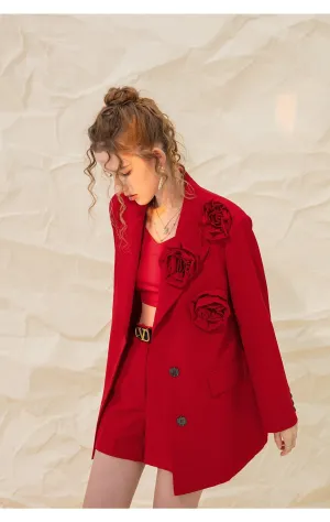HIGH CLASS ROSETTE TRIM LAPEL LONG SLEEVE SINGLE BREASTED OVERSIZED BLAZER