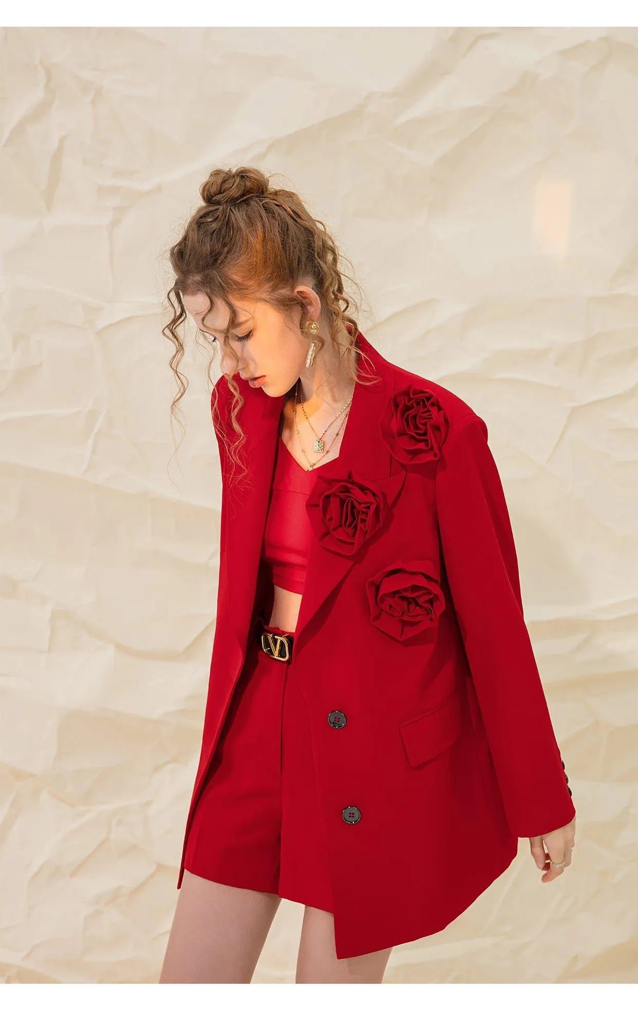 HIGH CLASS ROSETTE TRIM LAPEL LONG SLEEVE SINGLE BREASTED OVERSIZED BLAZER