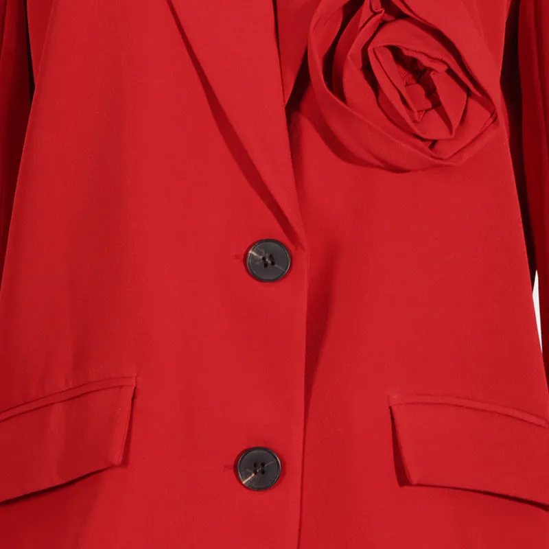 HIGH CLASS ROSETTE TRIM LAPEL LONG SLEEVE SINGLE BREASTED OVERSIZED BLAZER