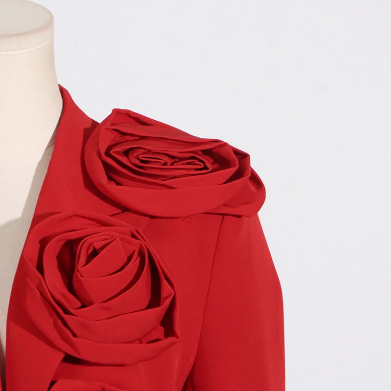 HIGH CLASS ROSETTE TRIM LAPEL LONG SLEEVE SINGLE BREASTED OVERSIZED BLAZER