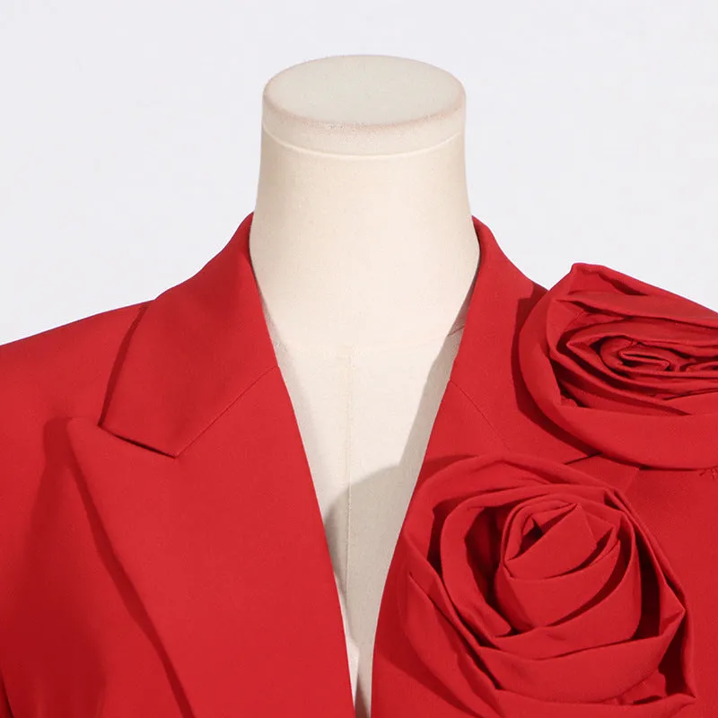 HIGH CLASS ROSETTE TRIM LAPEL LONG SLEEVE SINGLE BREASTED OVERSIZED BLAZER