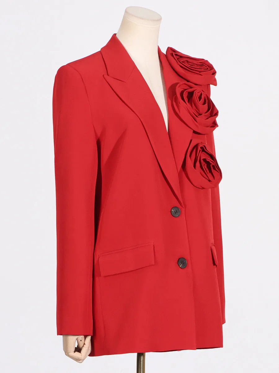 HIGH CLASS ROSETTE TRIM LAPEL LONG SLEEVE SINGLE BREASTED OVERSIZED BLAZER