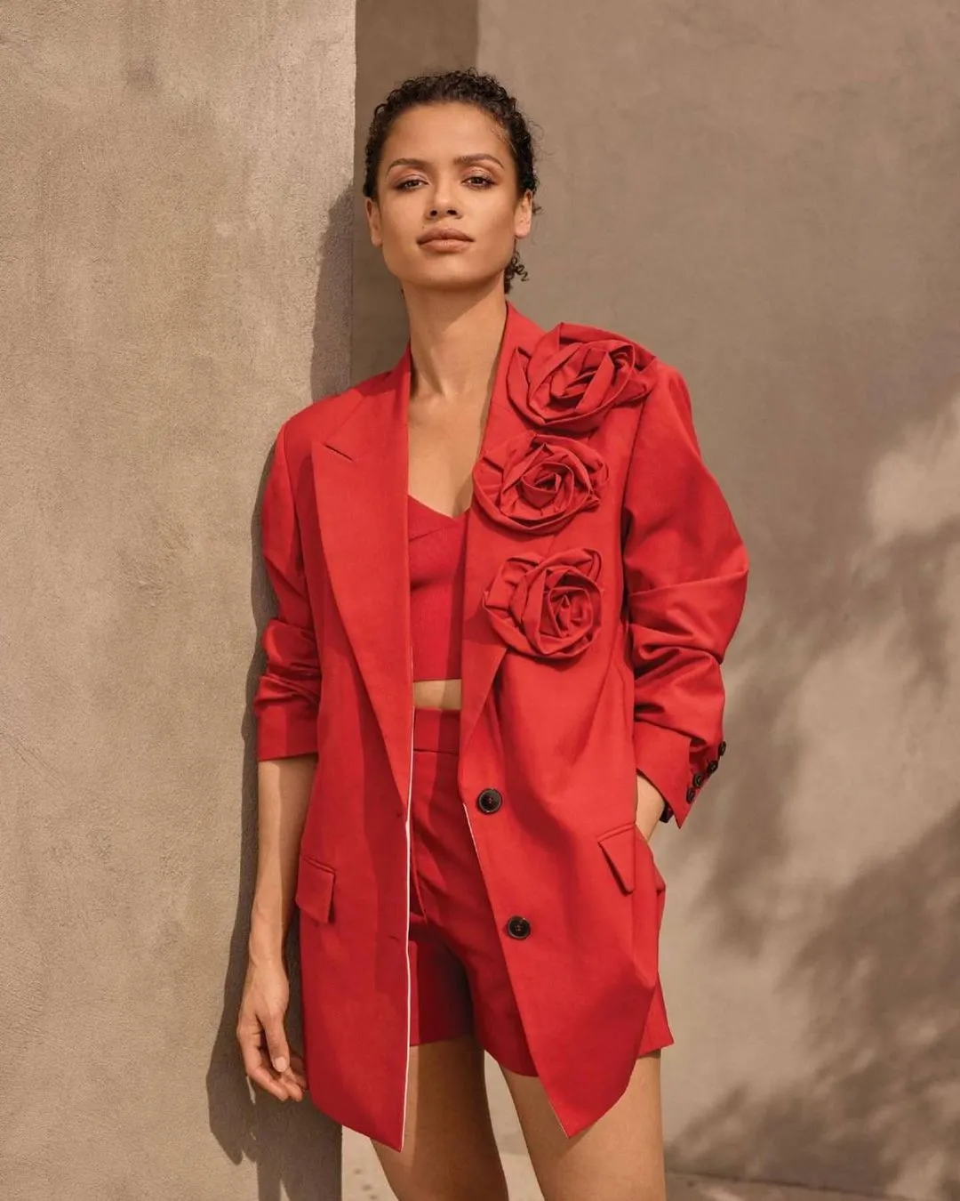 HIGH CLASS ROSETTE TRIM LAPEL LONG SLEEVE SINGLE BREASTED OVERSIZED BLAZER