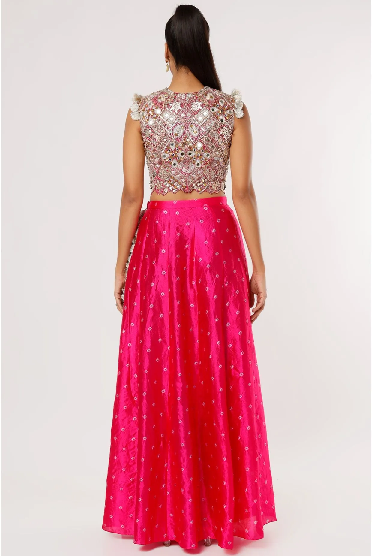 HOT PINK GEORGETTE EMBROIDERED CHOLI AND PERIWINKLE BLUE CREPE LOW CROTCH PANT WITH ATTACHED PINK BANDHANI SILK SKIRT