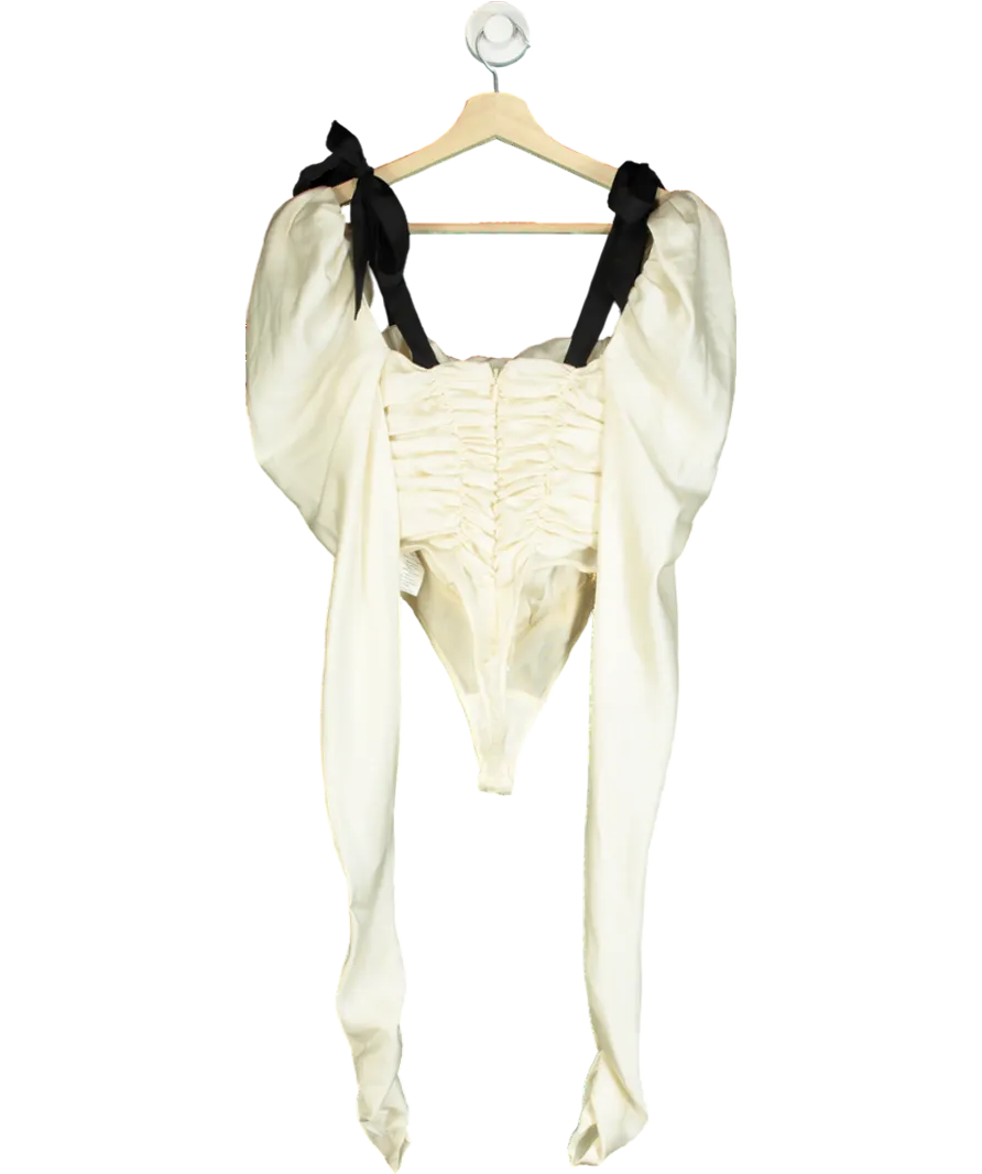 House of CB Cream Ruched Body Suit With Long Puff Sleeve Arms UK XS