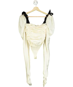 House of CB Cream Ruched Body Suit With Long Puff Sleeve Arms UK XS