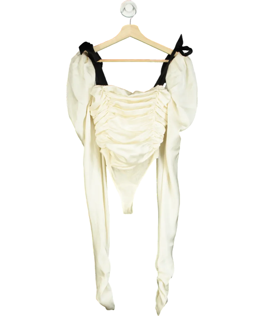 House of CB Cream Ruched Body Suit With Long Puff Sleeve Arms UK XS