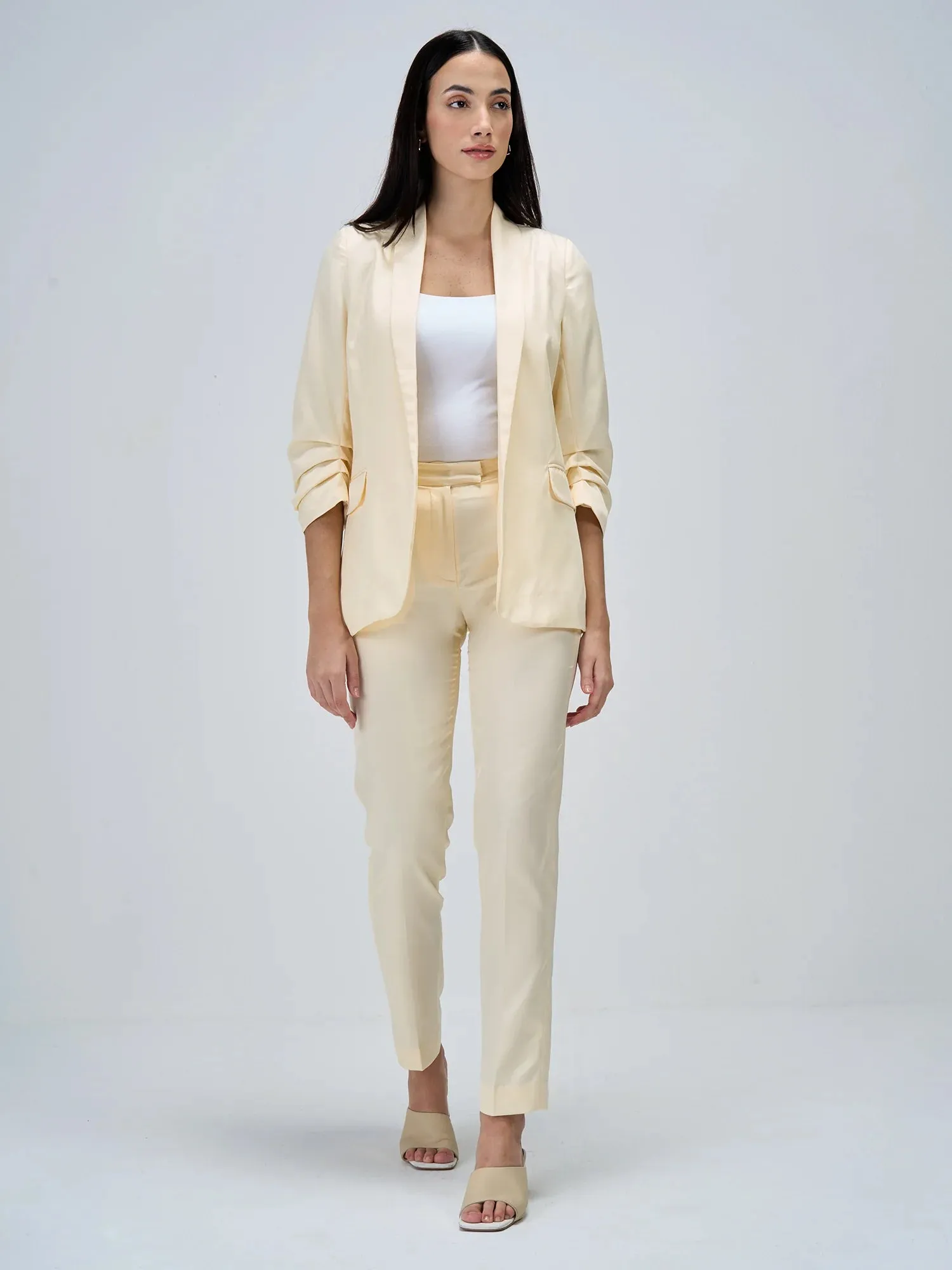 Iconic Ruched Sleeve Blazer-Cream