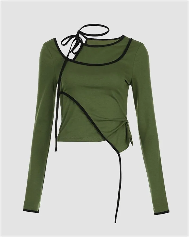 Irregular Color Contrast Pleated T-Shirt