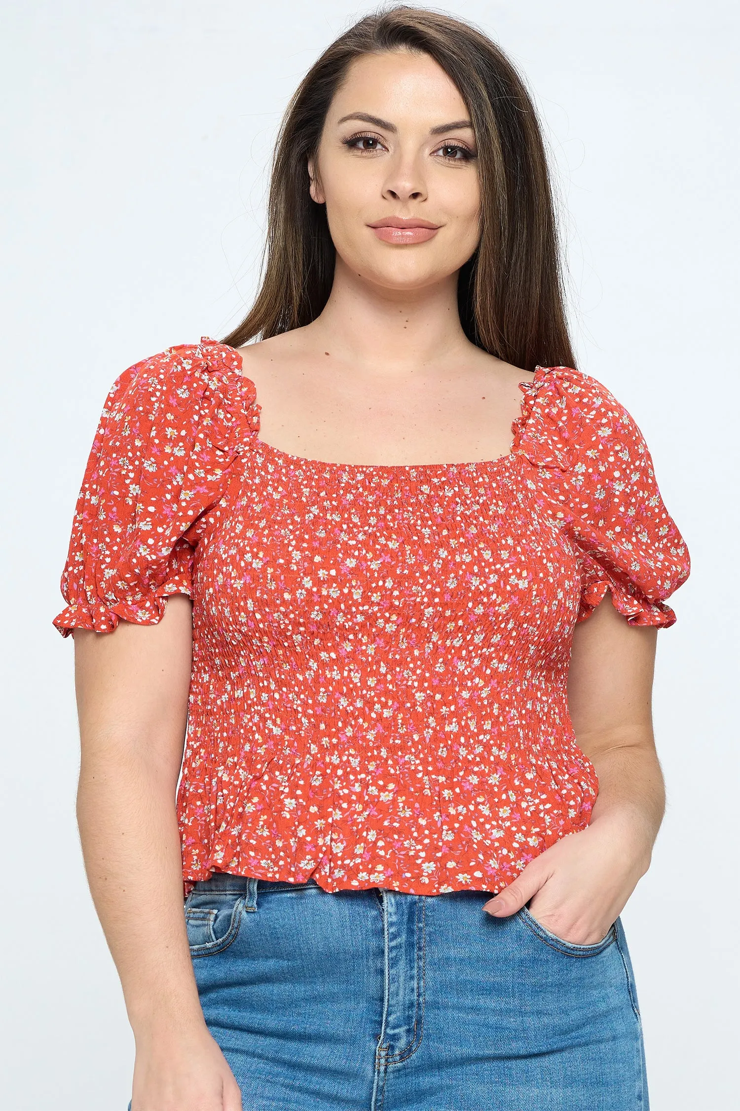 IT5126-PLUS | Tops | Junior Plus Square Neck Smocked Top