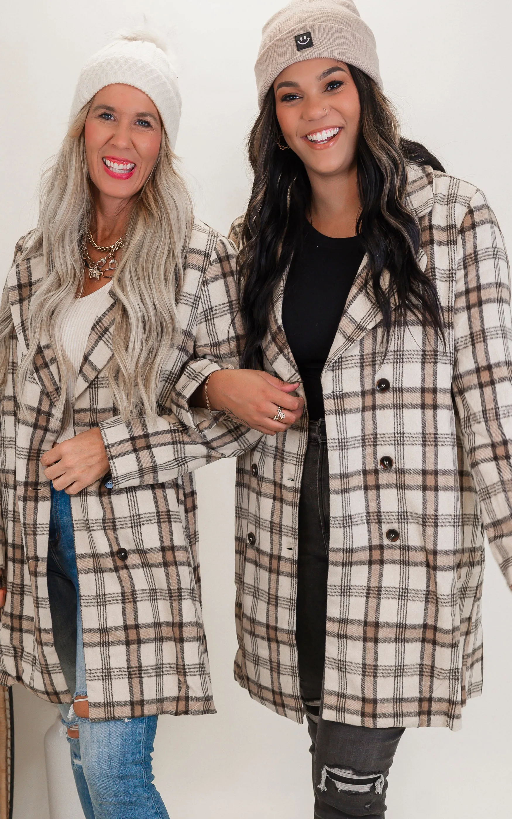 Ivory Double Breasted Plaid Long Coat