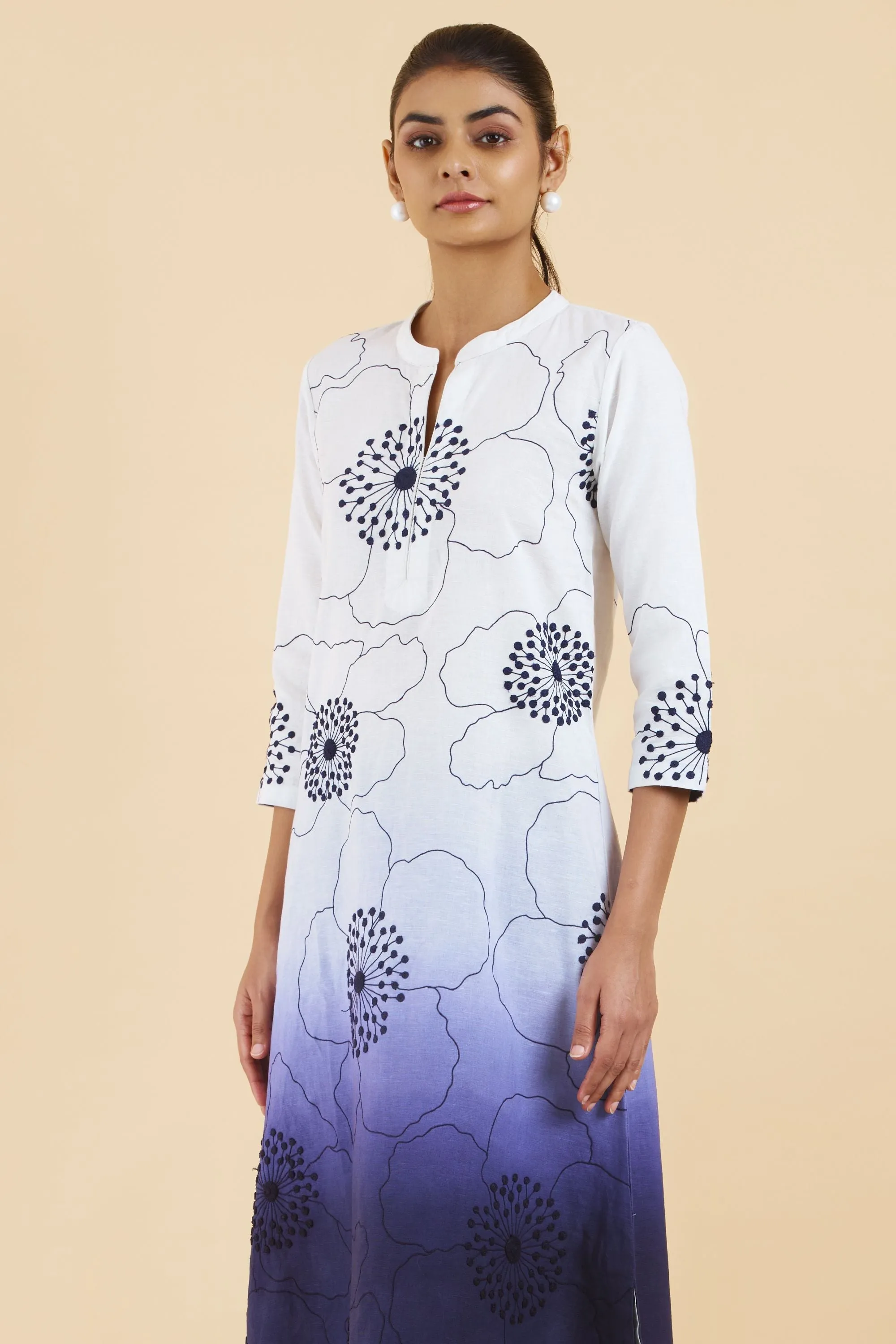 Ivory Indigo Shaded Floral Threadwork Cotton Linen Kurta Set