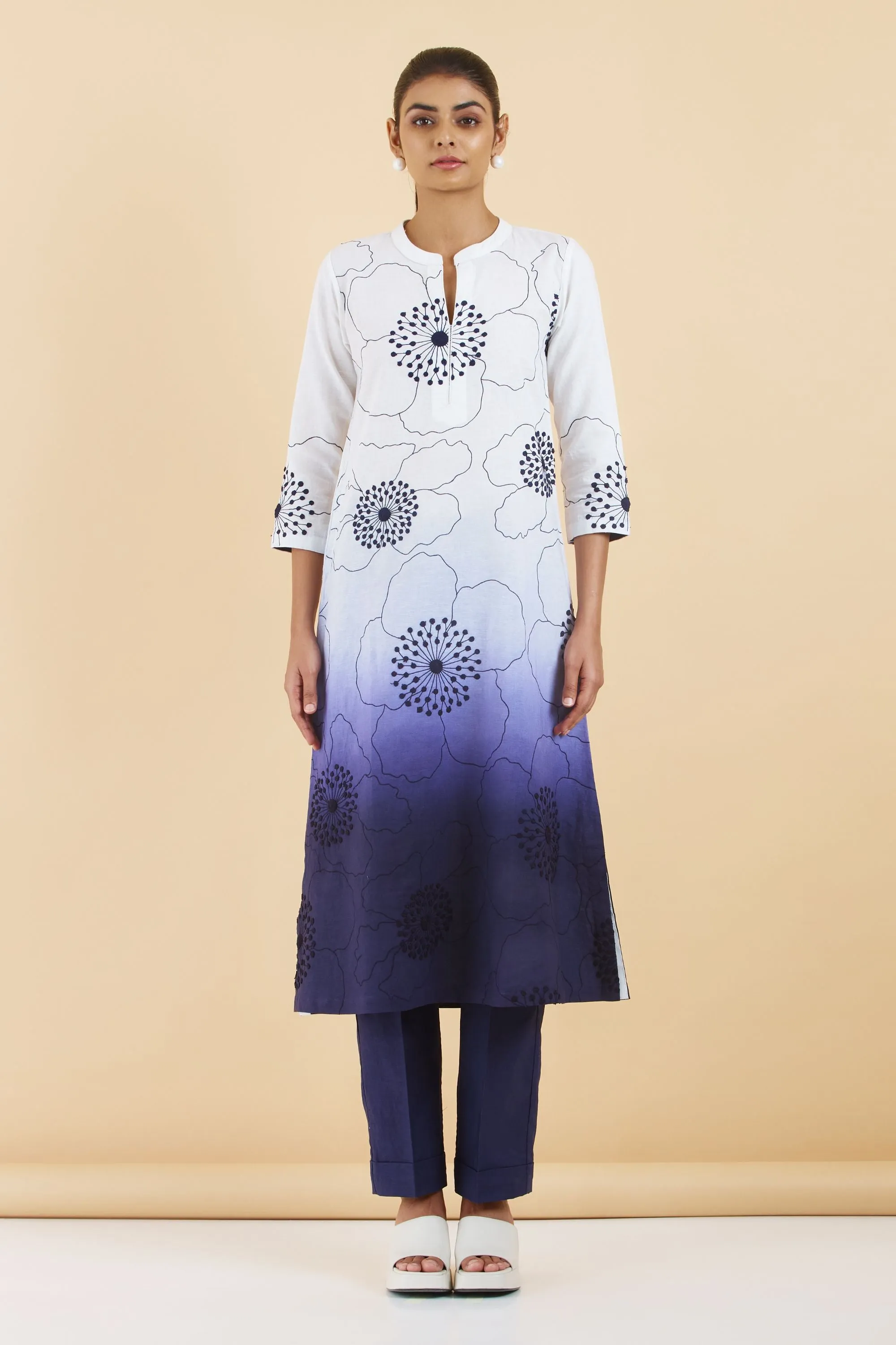Ivory Indigo Shaded Floral Threadwork Cotton Linen Kurta Set